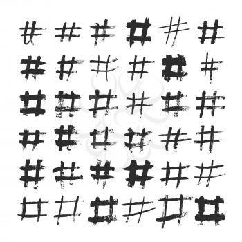 Hashtag and number ink brushed black symbols. Hand drawn hash and pounds vector sign. Illustration of hash tag for network social