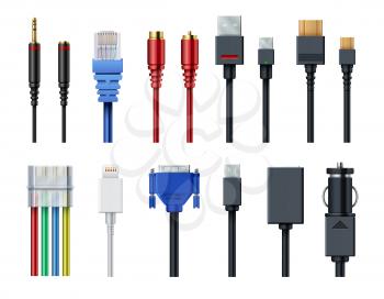Cable wire computer video, audio, usb, hdmi, network and electric conectors and plugs vector set isolated. Socket and wire, connector usb and audio. Vector illustration