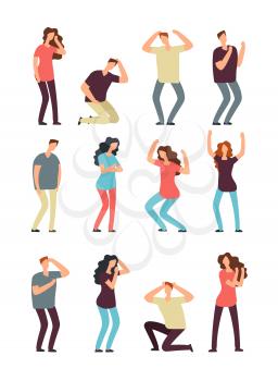 Unhappy frustrated people. Helpless, depressed man and woman. Sad and bad feeling male and female cartoon characters isolated. Unhappy character with emotion, frustrated and sad. Vector illustration