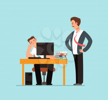 Bored lazy worker at desk behind computer and angry boss in office vector illustration. Lazy character in office, worker at computer and boss
