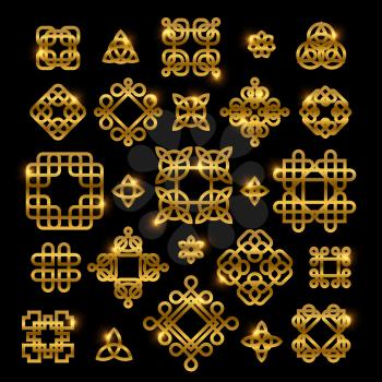 Golden celtic knots with shiny elements isolated on black background. Vector knots icon collection ornament for tattoo pattern, gaelic decoration illustration