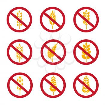 No wheat ears vector icons. Gluten free grains icons isolated on white