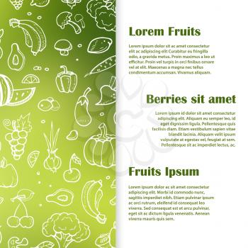 Doodle fruits, berries, vegeables banner or poster template. Vector illustration