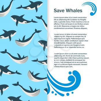 Save whales vector banner design. Wild whales flyer template illustration
