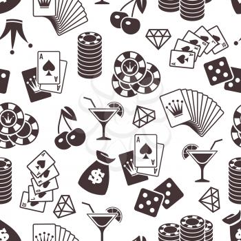 Casino seamless pattern design. Dice, martini, playing cards seamless background. Vector illustration