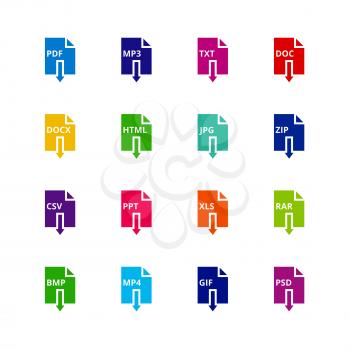 File format extensions icons. Pdf and mp3, txt and doc, docx and html, jpg and zip, csv and ppt, xls and rar download document vector buttons. Save document on computer, download icon images