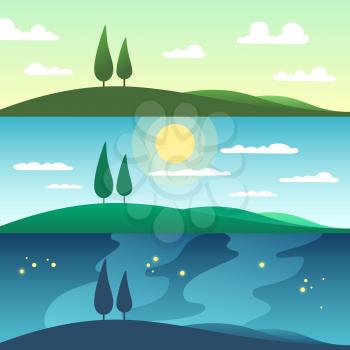 Beautiful summer landscape in different times of day. Cartoon vector illustration. Sunset in nature, time morning and evening