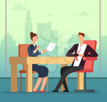 Employee woman and interviewer boss meeting at desk. Job interview and recruitment vector cartoon concept. Illustration of manager employment hiring candidate