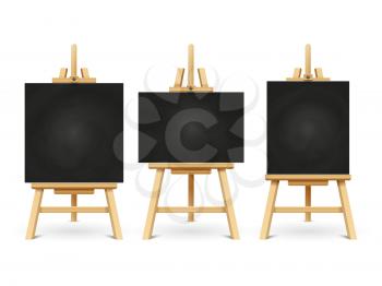 Wood chalk easels or painting art boards isolated on white background. Vector frame board for painting, blackboard and chalkboard illustration
