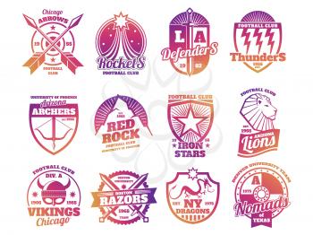 Bright color school emblems, college athletic teams sports labels isolated on white background. Vector illustration