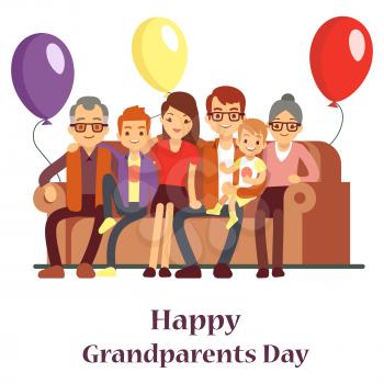 Happy family with grand mother and grandfather. Grandparents Day poster with cartoon character people. Vector grandma and grandpa with grandchildren illustration