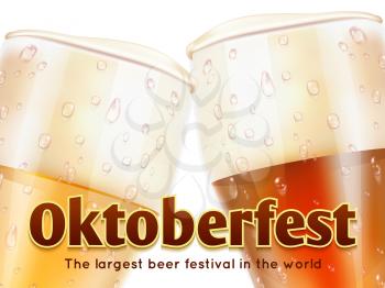 Oktoberfest banner with realistic glasses of beer isolated on white background. Vector beer drink holiday, illustration of banner party germany octoberfest