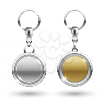 Realistic silver and gold keychains in different round shapes isolated on white background. Vector illustration