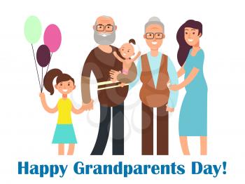 Cartoon happy family with grandparents. Grandparents Day vector illustration. Grandmother and grandfather day, grandchildren with grandparent poster