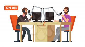 Radio show. Broadcasting radio dj talking with microphones on air. Vector concept broadcast entertainment, broadcasting live illustration