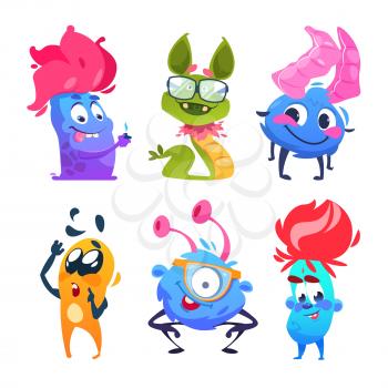 Cartoon monsters. Halloween gremlins. Funny vector monster characters. Monster and alien, happy cute mascot creature for halloween illustration