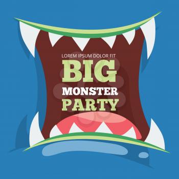 Big monster party banner template with vector monster mouth illustration