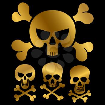 Gold piracy skulls icons of collection isolated on black background. Vector illustration