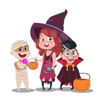 Halloween trick or treat kids in festive costumes with candies isolated on white background. Halloween happy boy and girl, vector illustration