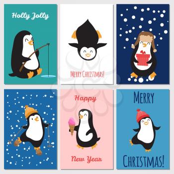Holidays greetings cards vector template. Cute penguins Christmas cards design illustration