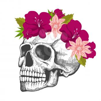 Human skull sketch with floral wreath isolated on white background isolated on white illustration
