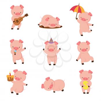 Cartoon pig. Cute smiling pigs playing in mud. Vector farm animal character set. Illustration of pig in mud, fun farm swine