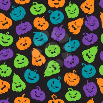 Halloween pumpkins seamless pattern. Scary jack o lantern face silhouettes. Happy halloween vector endless backdrop. Illustration of halloween pattern seamless colored