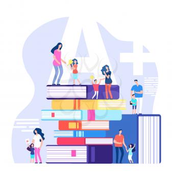 Kids learning concept. Excellent pupils, praising parents and teachers with huge books. Children school education vector illustration. Children with reward cup or medal school