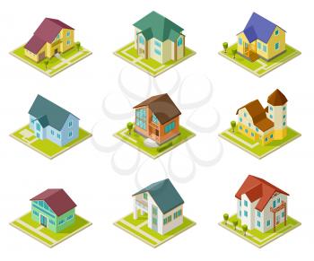 Isometric houses. Rural homes, building and cottages. 3d housing urban exterior vector set. Cottage exterior home collection illustration
