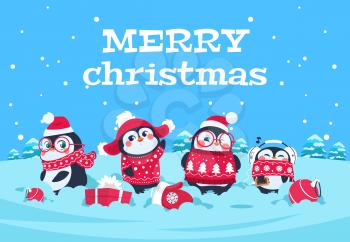 Cute cartoon penguins. Christmas baby penguin arctic characters in snowy winter landscape. Merry christmas greeting vector card. Merry christmas penguin character, snowy landscape illustration