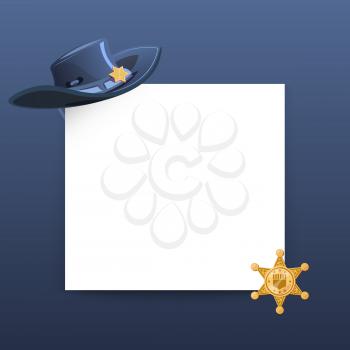 Western style greeting card vector template with blank paper sheet, cowboy hat and sheriff gold star illustration