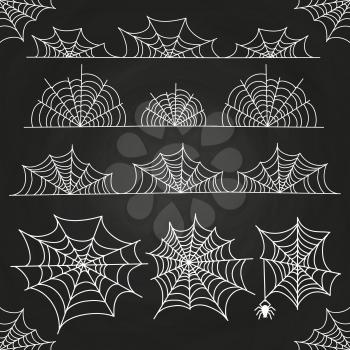 White spider web on chalkboard backdrop. Halloween borders and decor. Spiderweb black, halloween spider danger. Vector illustration