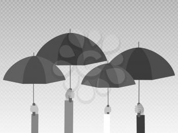 Hands holding black umbrellas isolated on transparent background. Vector illustration