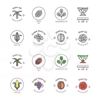 Healthy bio cosmetics oil linear logos. Organic cosmetics ingredients icons set. Collection vector illustration