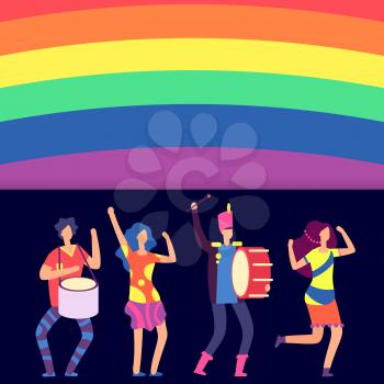 Lgbt banner template with big rainbow and cartoon character people. Vector illustration