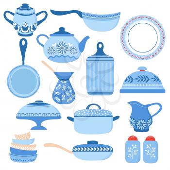 Cartoon cookware. Kitchen crockery and glassware. Dishes, cup and teapot. Cooking tools vector isolated set. Illustration of crockery and cookware