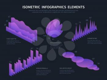 Isometric infographics elemnts. Business graphics, statistics data charts and financial bar diagrams. 3d infographic vector set. Illustration of purple 3d visualization, statistic business