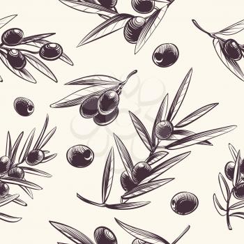 Olive branches seamless pattern. Mediterranean olives branching texture. Botanical italian food vector repeating dressing wrapper. Illustration of olive mediterranean branch plant seamless pattern