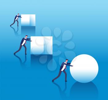 Business efficient concept. Businessmen push boxes and smart leader rolls ball. Business innovation and strategy thinking vector poster. Illustration of efficiency work and performance
