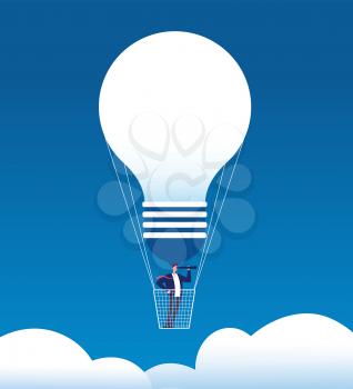 Businessman on balloon. Man with spyglass in air balloon like bulb. Business opportunity, new idea and strategy vision vector concept. Man with telescope in balloon illustration