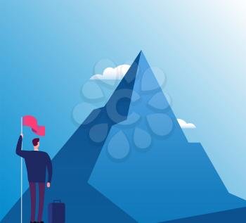 Businessman with flag at mountain. New purpose, success vision and goals achievement, business vector concept. Illustration of businessman purpose target and goal peak