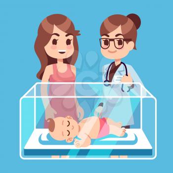 Pediatrician doctor, mother with little newborn baby, toddler inside incubator box in hospital. Vector illustration