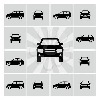 Side and front view car silhouettes vector icons of set