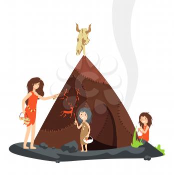 Mother with children in stone age. Primitive people cartoon character isolated on white. Vector illustration
