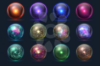 Magic balls. Energy mysterious orbs, magical crystal glass prediction paranormal sphere. Vector set of color sphere crystal, glass magic ball illustration