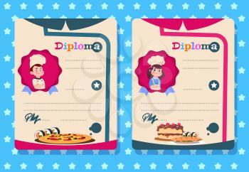 Cooking class diploma. Young girl and boy cook kid with apron, kitchen class vector certificate templates. Illustration of cooking certificate class, girl and boy education diploma