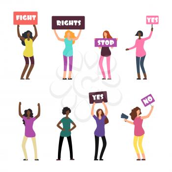 Cartoon international women protesters, feminism, womens rights and protest set. Vector illustration