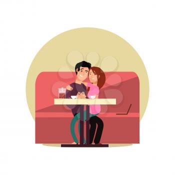 Couple in love sitting in cafe with teapot and computer. Vector illustration