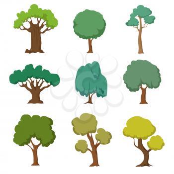 Cartoon green trees. Cute nature forest plant and bushes vector set isolated on white background. Forest tree and green bush, cartoon plant illustration