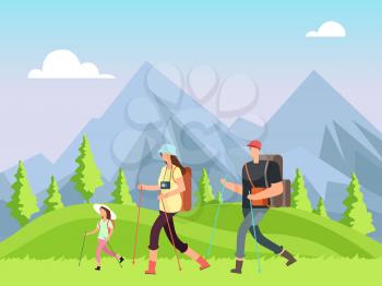 Hiking family in nature. Trekking man, woman and children with outdoor mountain landscape. Summer adventure vector background. Family walk, backpacking summertime scenic illustration